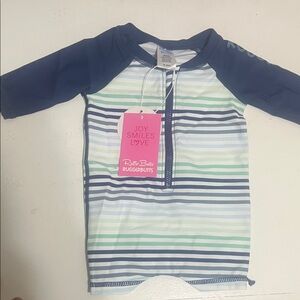 Rugged Butts Kids Swim suit with Rash Guard - Blue and Green Stripes